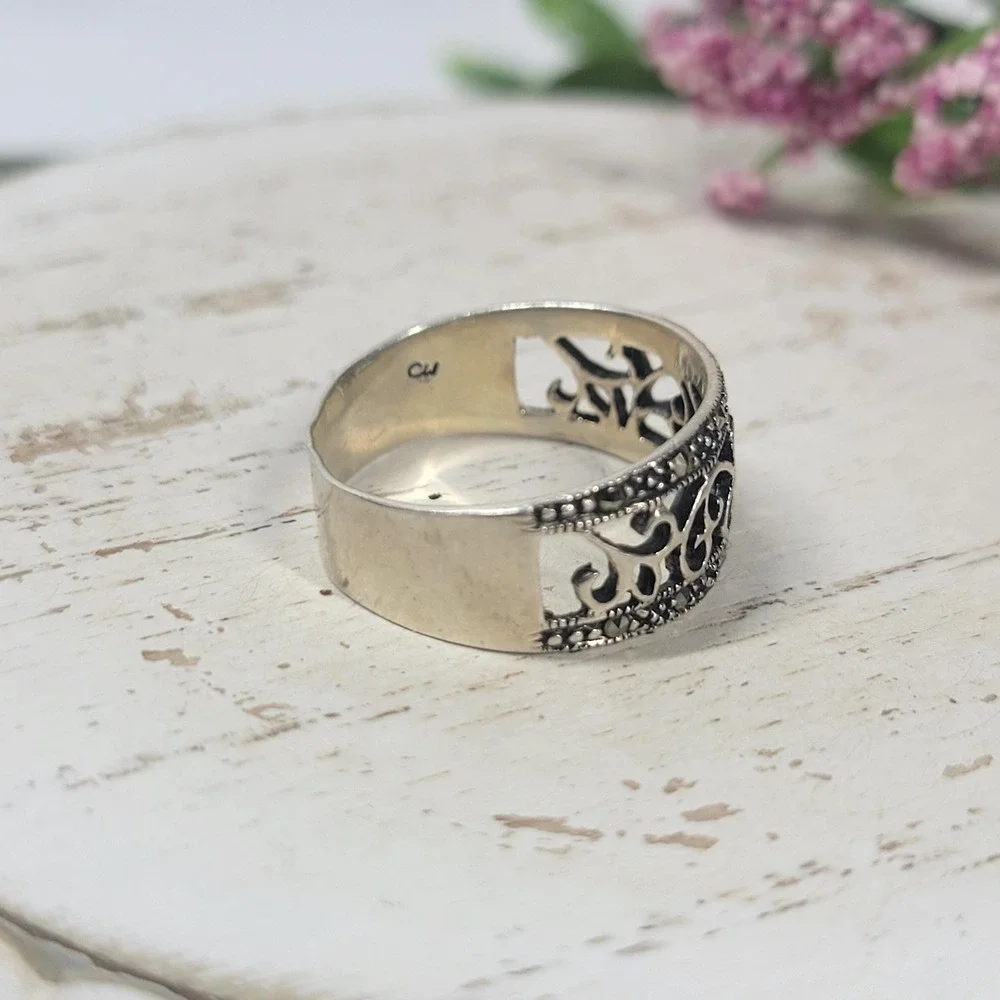 Charles‎ Winston 925 Silver Marcasite Ring Sz 9 Ornate Boho Filigree Band